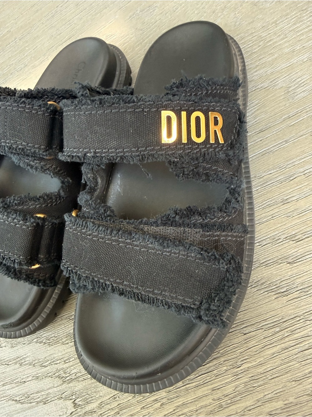 Dior Black Frayed Double-Strap Slide Sandals with Gold Logo - Picture 2 of 7